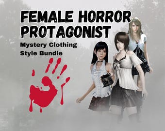 Può includere: Immagine con il testo "FEMALE HORROR PROTAGONIST Mystery Clothing Style Bundle". Mostra tre figure femminili stilizzate e un'impronta di mano rossa. Le figure indossano abiti diversi.