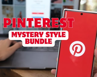 Può includere: Uno smartphone rosso con il logo Pinterest è tenuto in mano da una persona. Lo schermo mostra il logo Pinterest. Il testo "Pinterest Mystery Style Bundle" è visualizzato in rosso e bianco.