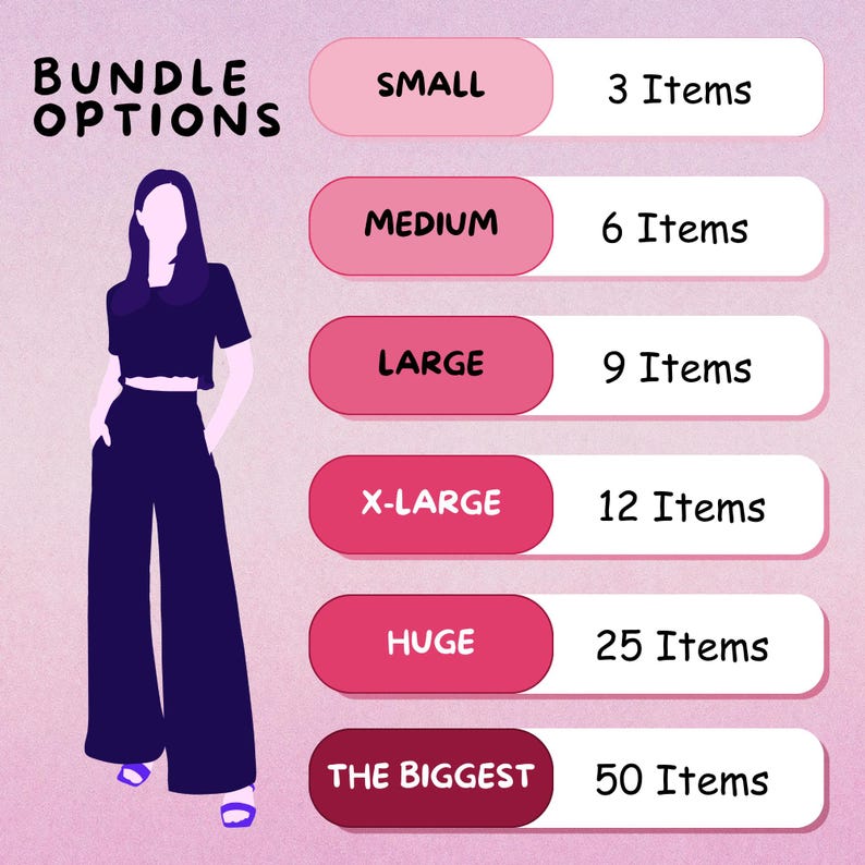 Pu&ograve; includere: Illustrazione delle opzioni di bundle, con una figura stilizzata in un completo nero. Le opzioni vanno da "Small" (3 articoli) a "The Biggest" (50 articoli), presentate su etichette rosa e bianche.