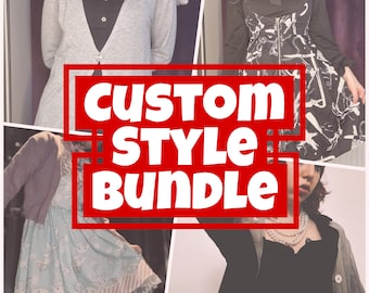 Può includere: Un collage con quattro outfit diversi. Gli outfit includono un cardigan grigio sopra un top nero, un vestito nero con disegni astratti bianchi, un vestito azzurro con un motivo e un vestito nero con una giacca grigia. Il testo "CUSTOM STYLE BUNDLE" è sovrapposto in rosso.