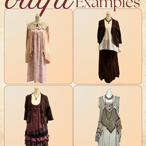 Puede incluir: Cuatro ejemplos de atuendos exhibidos en maniqu&iacute;es. Los atuendos incluyen vestidos, faldas y chaquetas en varios colores y estilos. El texto "outfit Examples" est&aacute; en la parte superior de la imagen.