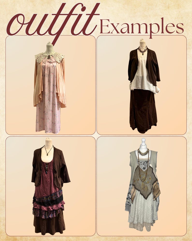 Puede incluir: Cuatro ejemplos de atuendos exhibidos en maniqu&iacute;es. Los atuendos incluyen vestidos, faldas y chaquetas en varios colores y estilos. El texto "outfit Examples" est&aacute; en la parte superior de la imagen.
