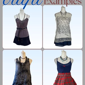 Pu&ograve; includere: Quattro esempi di outfit esposti su manichini. Gli outfit includono canotte, gonne e accessori come collane e cinture. L'immagine ha la parola "outfit" in blu e la parola "Examples" in un carattere serif.