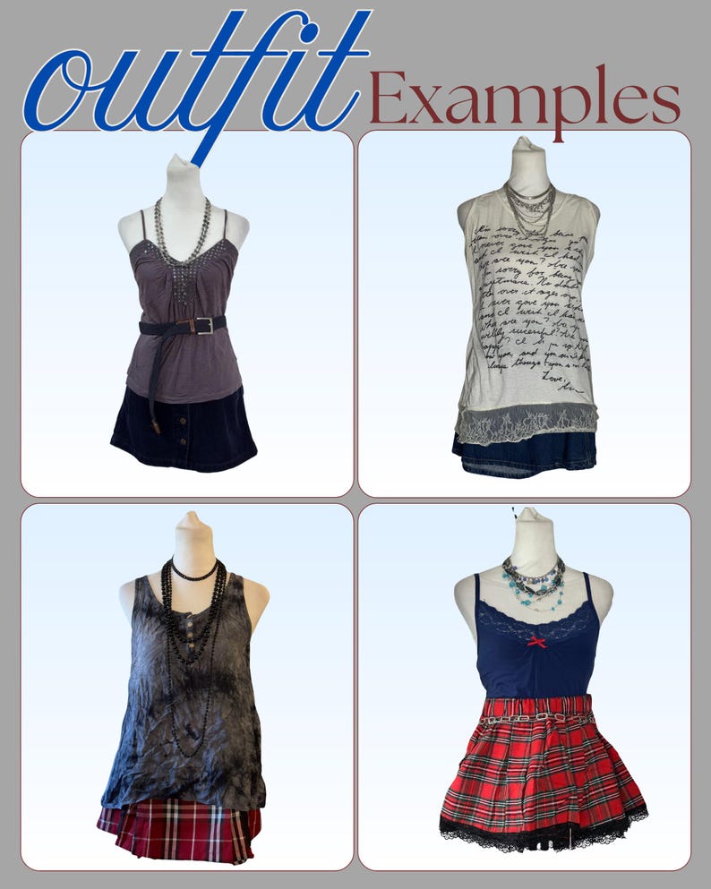 Pu&ograve; includere: Quattro esempi di outfit esposti su manichini. Gli outfit includono canotte, gonne e accessori come collane e cinture. L'immagine ha la parola "outfit" in blu e la parola "Examples" in un carattere serif.