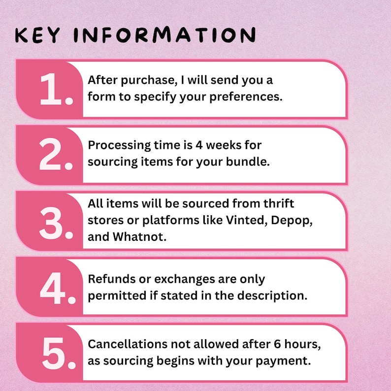 Puede incluir: Gr&aacute;fico rosa y blanco con el texto "KEY INFORMATION". El gr&aacute;fico enumera cinco puntos clave sobre el producto, incluyendo el abastecimiento, el tiempo de procesamiento y las pol&iacute;ticas de reembolso.