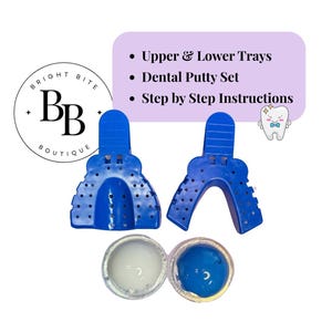 May include: A dental impression kit featuring blue upper and lower trays, two small containers of dental putty, and a list of instructions. The Bright Bite Boutique logo is in the upper left corner. The kit is designed for dental impressions.