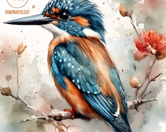 Art mural martin-pêcheur aquarelle, cadeau martin-pêcheur. Affiche imprimable oiseaux de la campagne, impression d'art numérique téléchargement immédiat, décoration murale oiseau rustique