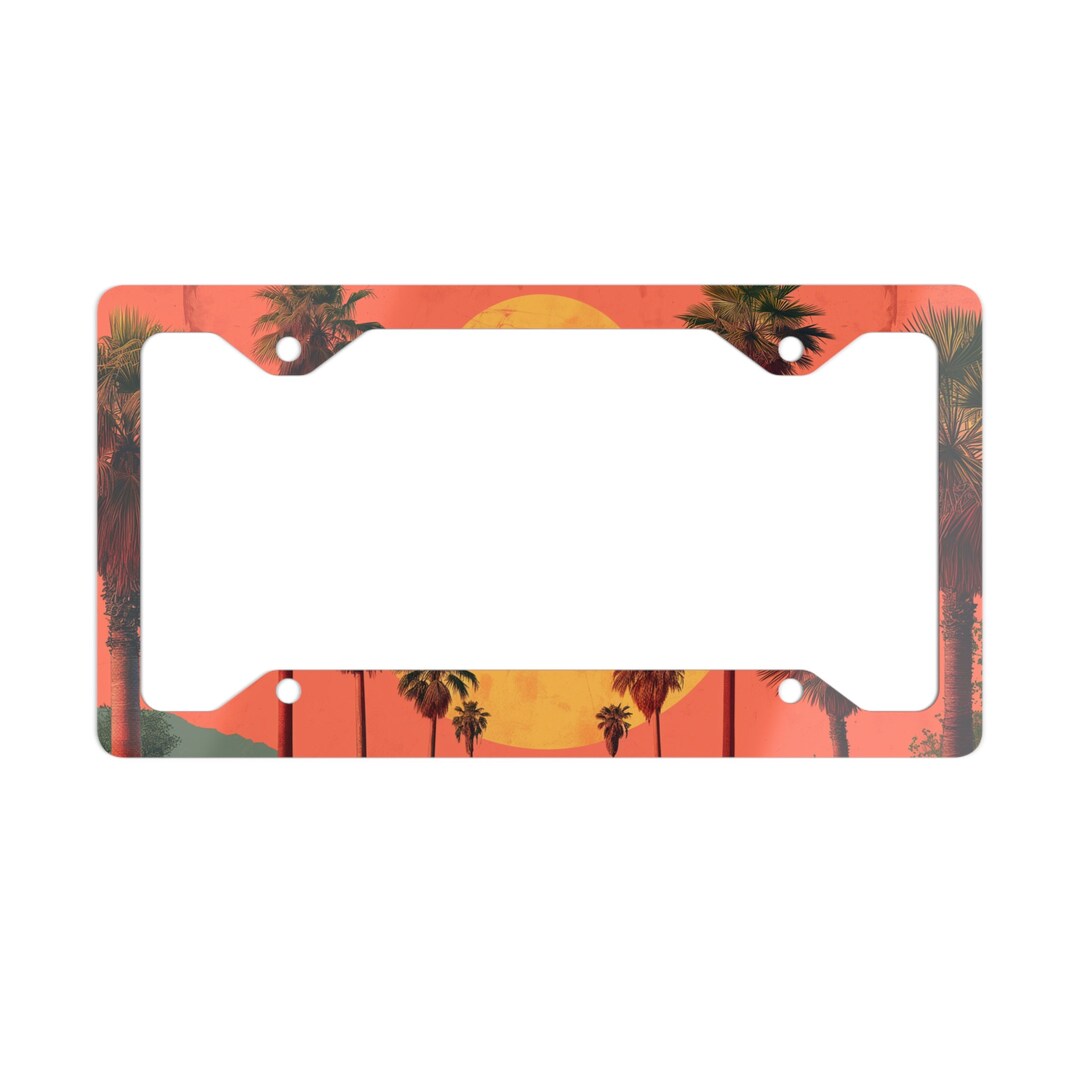 Palm Tree License Plate Frame, Orange Sunset License Plate Frame, Metal