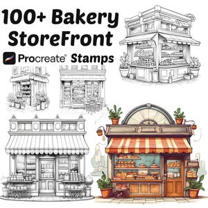 May include: A set of 100+ Procreate stamps featuring black and white line drawings of bakery shop fronts. The stamps include various styles of shop fronts, including a small stand, a shop front with a large window, and a shop front with a striped awning. The stamps are perfect for creating illustrations, backgrounds, and other digital art.