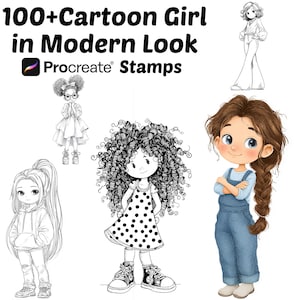 Puede incluir: Imagen con ilustraciones de dibujos animados de chicas con atuendos modernos. El texto "100+ Cartoon Girl in Modern Look Procreate Stamps" se muestra en la parte superior. Las ilustraciones son en color y en blanco y negro.