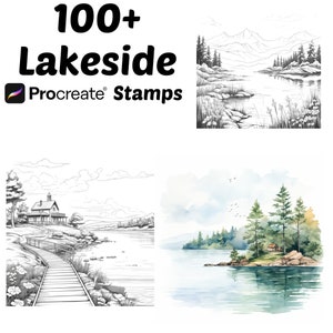 Puede incluir: Un conjunto de más de 100 sellos de Procreate con ilustraciones en blanco y negro de escenas de lagos. Las imágenes incluyen un lago con montañas en el fondo, un lago con una casa y una pasarela de madera, y un lago con árboles y una pequeña cabaña.