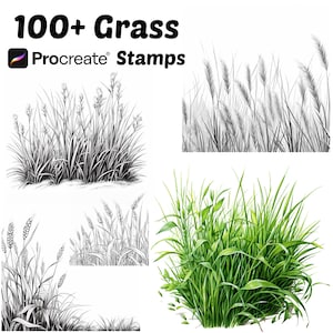 May include: A set of 100+ digital stamps featuring various types of grass, including tall blades, wheat, and short blades. The stamps are designed for use in the Procreate app.