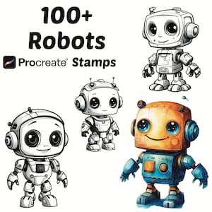 Maak schattige robotstempels voort | 100+ Procreate Cartoon Robots-borstels | Wetenschap voortplanten penselen | Kawaii-robots maken stempels voor kinderen