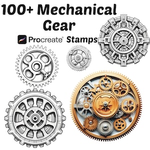 May include: A set of 100+ Procreate stamps featuring various mechanical gears in black and white and gold and silver. The stamps include a variety of gear shapes and sizes, including a large gear with smaller gears inside.