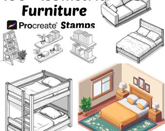 Procreate Isometric Furniture Stamps | 100+ Procreate Furniture Items Brushes | Home Decor Procreate Brushes | Sofa | Chairs | Bed | Rooms