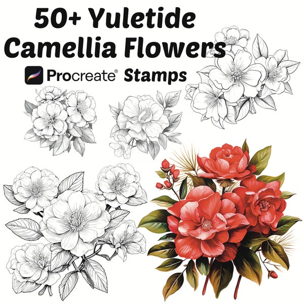 Procréez des timbres de fleurs de camélia de Noël | Plus de 50 pinceaux pour procréer à fleurs de camélia de Noël | Procréation botanique | Procréation florale | Nature