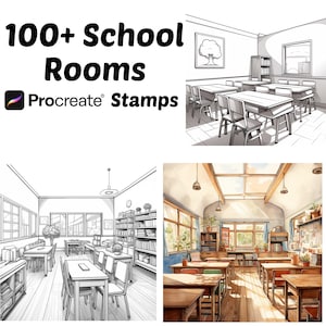 Peut inclure: Un ensemble de plus de 100 tampons Procreate représentant des salles de classe en noir et blanc. Les tampons comprennent différentes configurations de salles de classe avec des bureaux, des chaises, des étagères et des fenêtres. L'image montre également une version colorée d'une salle de classe avec un puits de lumière et la lumière du soleil qui pénètre.