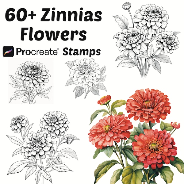 Procreate Zinnias Flower Stamps | 50+ Zinnias Flower Procreate Brushes | Botanical Procreate | Floral Procreate | Zinnias Procreate Brushes