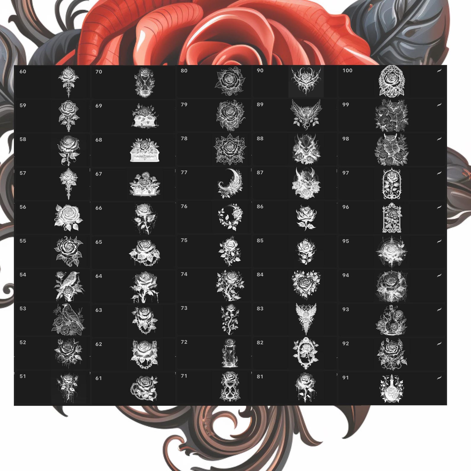 Procreate Gothic Roses Stamps | 100+ Tattoo Roses Procreate Brushes ...