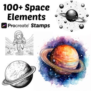 May include: A set of 100+ space-themed Procreate stamps featuring planets, stars, astronauts, and other celestial elements. The stamps are perfect for creating digital art and illustrations.