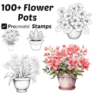 May include: A set of 100+ Procreate stamps featuring black and white illustrations of flower pots with various flowers. The stamps include a cactus, daffodils, and a flower with pink petals.
