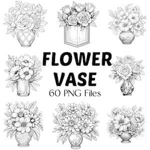 Puede incluir: Ilustraciones en blanco y negro de varios jarrones de flores, cada uno lleno de diferentes arreglos florales. La imagen incluye el texto "FLOWER VASE" y "60 PNG Files". Los jarrones varían en forma y diseño.