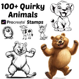 Op de afbeelding: Een afbeelding met de tekst "100+ Quirky Animals Procreate Stamps" boven illustraties van dieren. De illustraties omvatten een egel, een koe, een ezel, een leeuwenwelp en twee beren. Eén beer is bruin en de andere is zwart-wit.