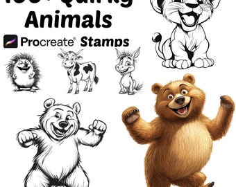Procreate Quirky Animals Stamps | 100+ Cartoon Animals Procreate Brushes | Wild | Safari | Farm | Woodland Animals Stamps | Funny | Cute