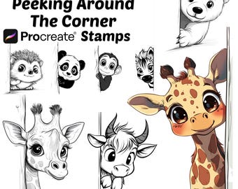 Procreate Animals Stamps | 100+ Cartoon Animals Peeking Around The Corner Procreate Brushes | Wild | Safari | Farm | Woodland Animals Stamps