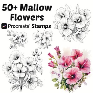 May include: A set of 50+ Procreate stamps featuring black and white line drawings of hibiscus flowers, as well as a set of pink and white hibiscus flowers with watercolor accents.