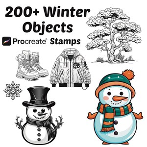 May include: A set of 200+ winter themed Procreate stamps featuring a snowman, a snowflake, a winter jacket, boots, and a tree.