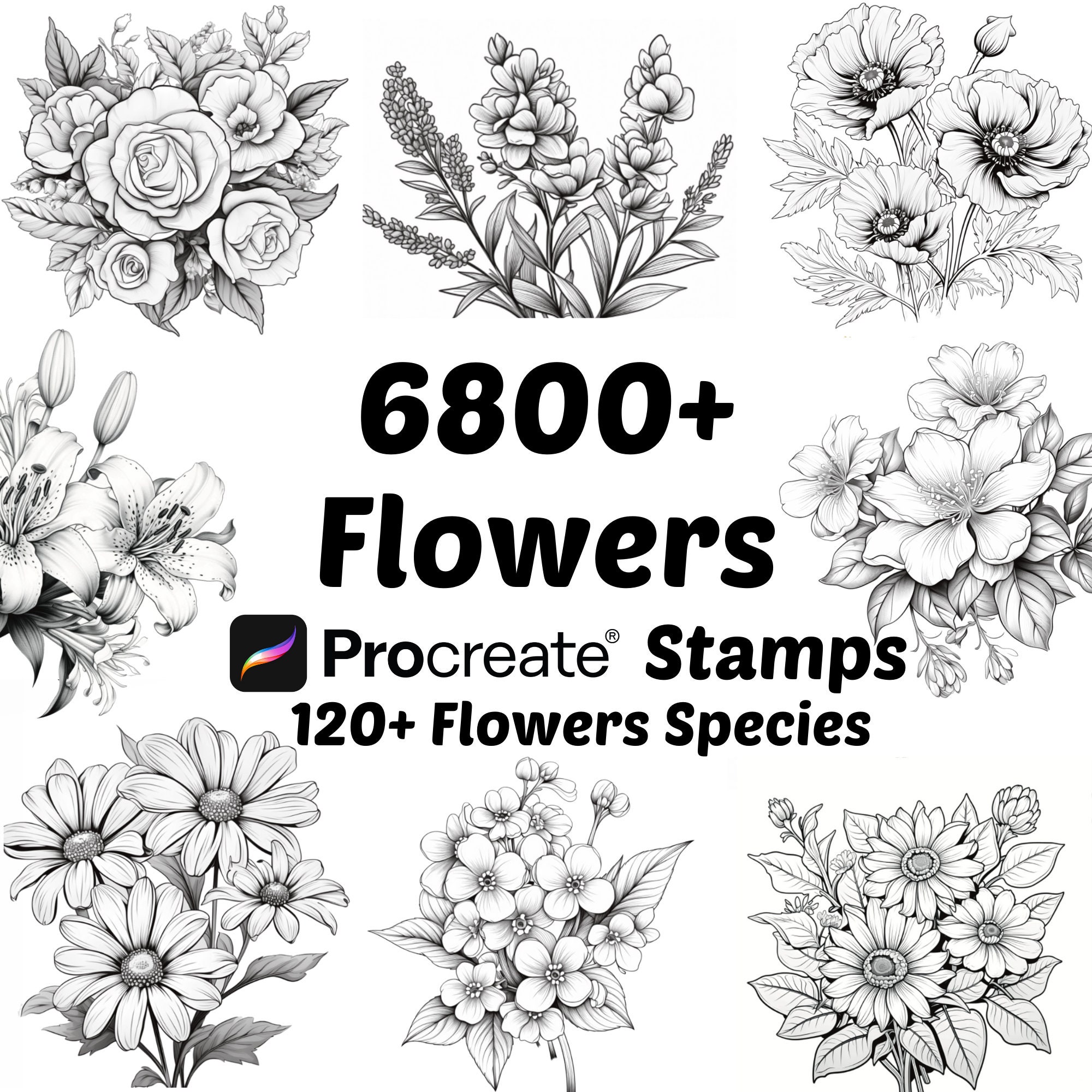 Procreate Floral Bundle Stamps – más de 6800 pinceles de flores, 120 especies botánicas, set de pinceles de naturaleza