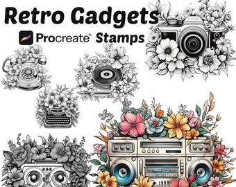 Procreate Floral Retro Gadgets Stamps | 100+ Floral Retro Gadgets Procreate Brushes | Retro Camera | Television | Typewriter | Procreate