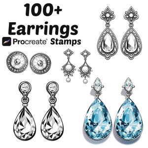 Op de afbeelding: Een set van 100+ Procreate-stempels met verschillende oorbelontwerpen. De oorringen zijn in zwart-wit getekend en hebben verschillende stijlen, waaronder druppel-, ronde en kroonluchteroorringen.