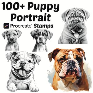May include: A set of 100+ Procreate stamps featuring black and white illustrations of cute puppy portraits. The stamps include a variety of breeds, including a bulldog, boxer, and a terrier.