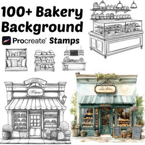 Puede incluir: Una colección de sellos Procreate con temática de panadería. La imagen presenta varias ilustraciones de tiendas de panadería, incluyendo escaparates, vitrinas y estanterías llenas de productos horneados. El texto "100+ Bakery Background Procreate Stamps" se muestra en la parte superior.