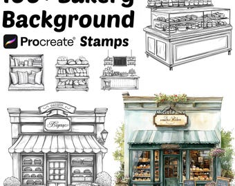 Procreate Bakery Backgrounds Stamps | 100+ Bakery Background Procreate Brushes | Architecture Procreate | Interior | Bakery Sweets Procreate