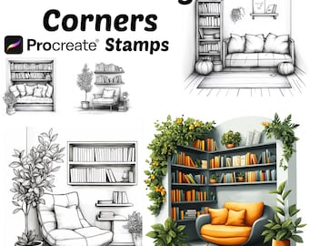 Procreate Reading Corners Stamps | 100+ Reading Corners Backgrounds Procreate Brushes | Architecture Procreate | Interior | Books Shelves