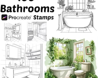 Procreate Bathrooms  Stamps | 100+ Bathroom Backgrounds Procreate Brushes | Architecture Procreate | House | Interior | Minimalist | Vintage