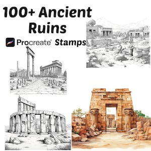 Peut inclure: Image présentant quatre illustrations de ruines antiques. En haut à gauche, un temple classique avec de hautes colonnes. En haut à droite, une esquisse détaillée d'une ville en ruine. En bas à gauche, Stonehenge. En bas à droite, une aquarelle d'une entrée de temple. Le texte indique "100+ Ancient Ruins Procreate Stamps."