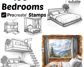 Procreate Bedrooms Stamps | 100+Bedrooms Backgrounds Procreate Brushes | Architecture Procreate | House | Interior | Minimalist | Vintage