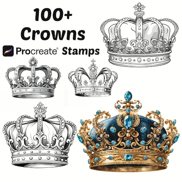 Procreate Crowns Stamps | 100+ Cute Crowns Procreate Brushes | Tiara Procreate Brushes | Jewelry Procreate | Fashion Procreate