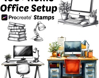 Procreate Home Office Setup Stamps | 100+ Office Setup Procreate Brushes | Stationary Procreate | Procreate Brushes | Office Desk | Laptop