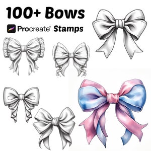 Op de afbeelding: Een set van 100+ Procreate-stempels met verschillende strikdesigns. De strikken zijn in verschillende kleuren en stijlen, waaronder zwart-wit, roze en blauw, en een eenvoudige witte strik.