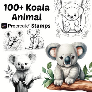 Pode incluir: Ilustrações digitais de coalas. A imagem mostra um coala com seu bebê, um coala sentado em um galho e um coala em um balanço. O texto "100+ Koala Animal Procreate Stamps" é exibido na parte superior.