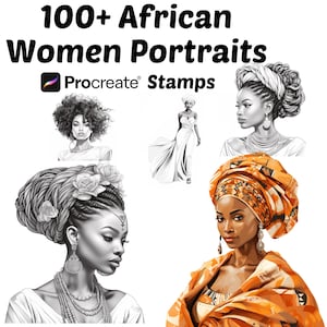 Könnte beinhalten: Ein Satz digitaler Stempel mit Schwarzweißillustrationen von afrikanischen Frauen mit verschiedenen Frisuren und Kleidung. Die Stempel sind für die Verwendung mit der Procreate-App konzipiert.