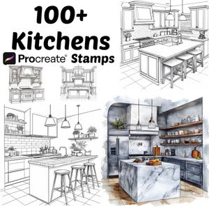 Puede incluir: Un conjunto de más de 100 sellos de Procreate con diseños de cocinas. Los sellos incluyen una variedad de estilos, desde modernos hasta tradicionales, y se pueden usar para crear diseños de cocinas personalizados. La imagen muestra una variedad de diseños de cocinas, incluyendo una cocina moderna con una encimera de mármol y una cocina tradicional con una encimera de madera.