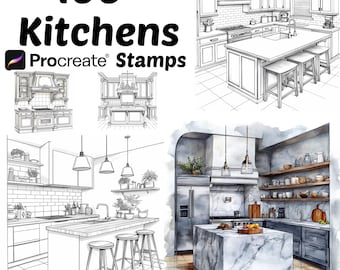 Procreate Kitchen Stamps | 100+ Kitchen Backgrounds Procreate Brushes | Architecture Procreate | House | Interior | Minimalist | Vintage