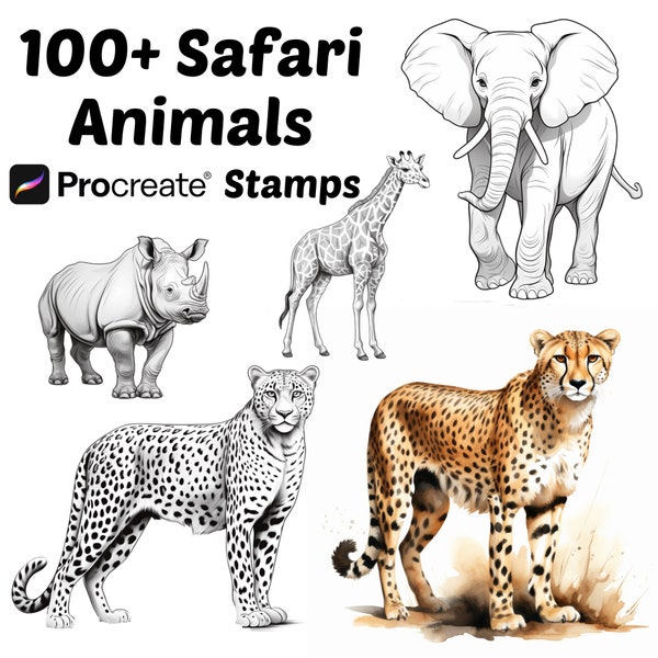 Procreate Animals Stamps | 100+ Safari Animal Procreate Brushes | Animals Procreate Brushes | Tiger | Bear | Lion | Nature Procreate