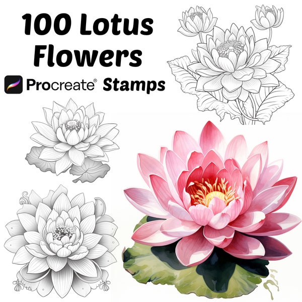 Procréer des tampons de fleur de lotus | Plus de 100 pinceaux de procréation de fleurs de lotus | Procreate botanique | Procréation florale | Pinceaux Lotus Procreate